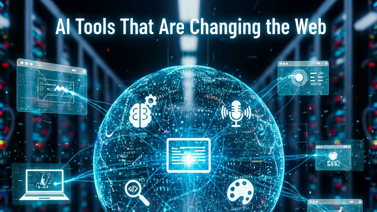 A digital globe with AI-related icons and text reading “AI Tools That Are Changing the Web,” set against a server room background.