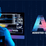 Person wearing headphones sits at a computer with code on the screen; large text reads AI Assisted Coding on a digital background.