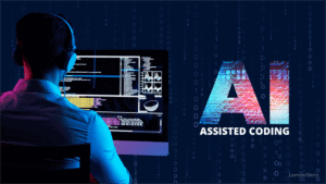 Person wearing headphones sits at a computer with code on the screen; large text reads AI Assisted Coding on a digital background.