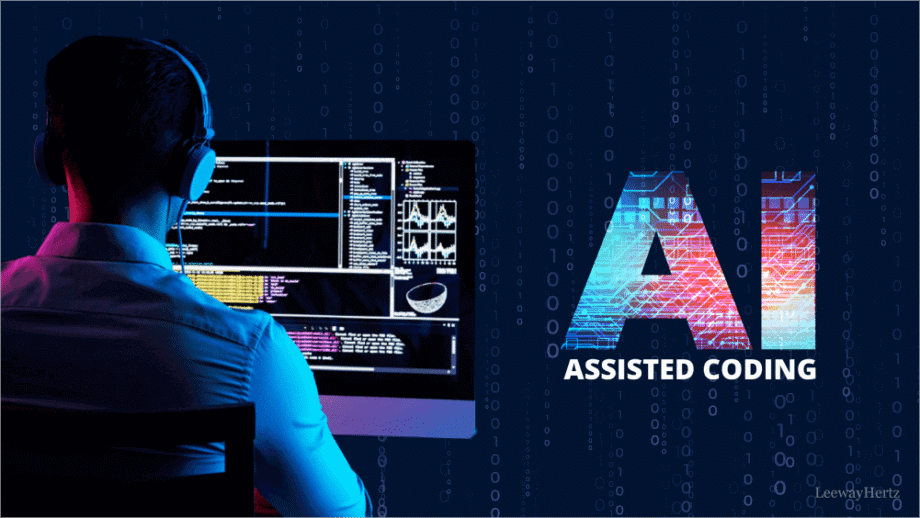 Person wearing headphones sits at a computer with code on the screen; large text reads AI Assisted Coding on a digital background.