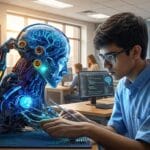 A student examines a robotic head with a glowing brain in a classroom, with AI course content displayed on monitors in the background.