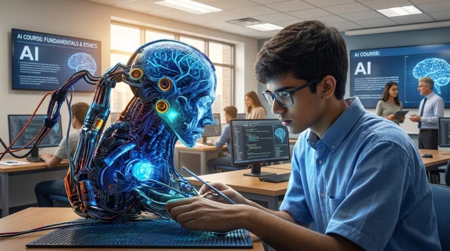 A student examines a robotic head with a glowing brain in a classroom, with AI course content displayed on monitors in the background.