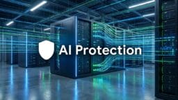 Rows of servers in a data center with digital lines and a shield icon, featuring the text AI Protection overlaid.
