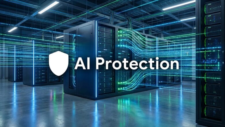 Rows of servers in a data center with digital lines and a shield icon, featuring the text AI Protection overlaid.