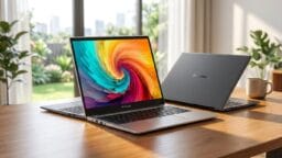 Two modern laptops on a wooden table, one open displaying a colorful swirl, with a bright room and plants in the background.