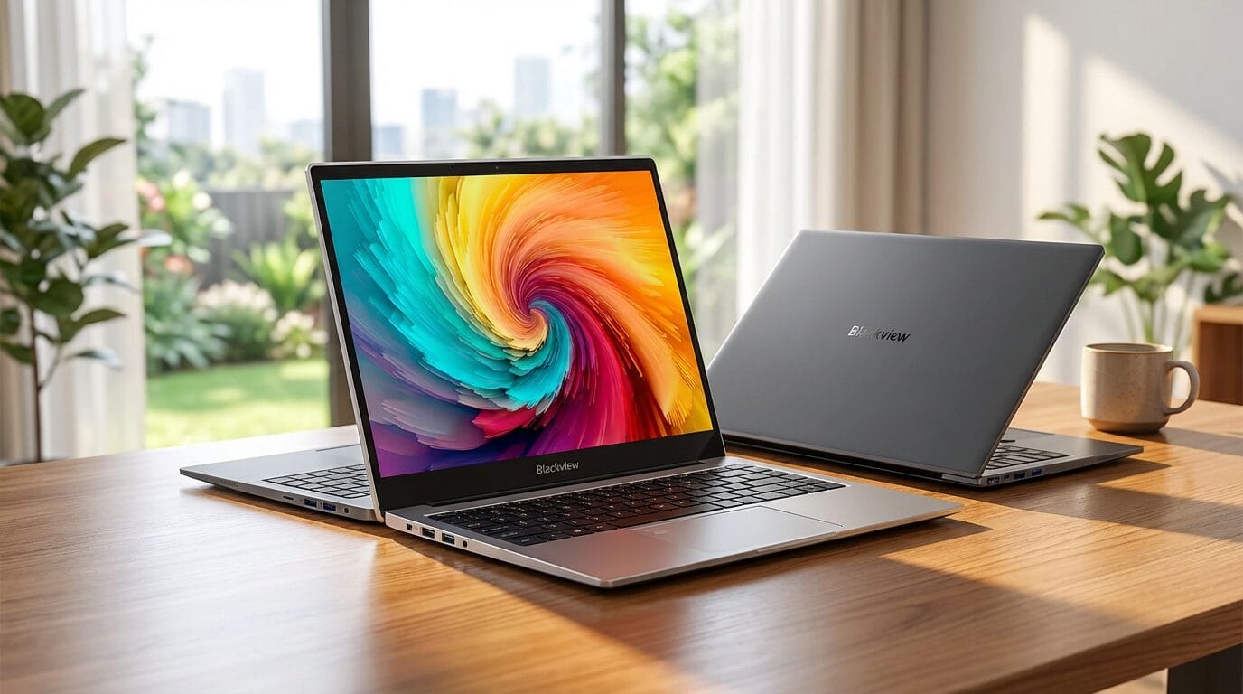 Two modern laptops on a wooden table, one open displaying a colorful swirl, with a bright room and plants in the background.