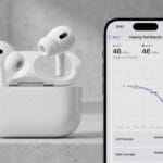 Apple AirPods Pro in a charging case next to an iPhone displaying a hearing test results screen with data and a graph.