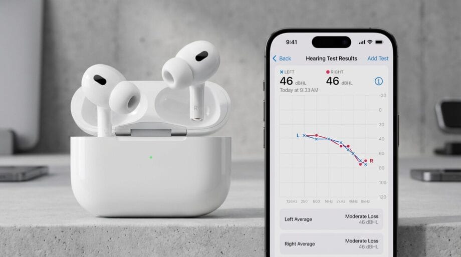 Apple AirPods Pro in a charging case next to an iPhone displaying a hearing test results screen with data and a graph.