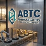 A factory interior with robotic arms assembling batteries and a large ABTC American Battery Technology Company sign on the wall.