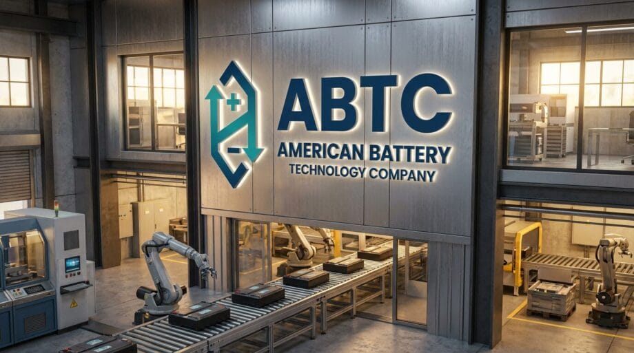 A factory interior with robotic arms assembling batteries and a large ABTC American Battery Technology Company sign on the wall.