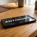 A smartphone displaying the word ANTHROPIC lies on a wooden desk with plants and a mug in the background.