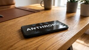 A smartphone displaying the word Anthropic lies on a wooden desk near a mug and two potted plants.