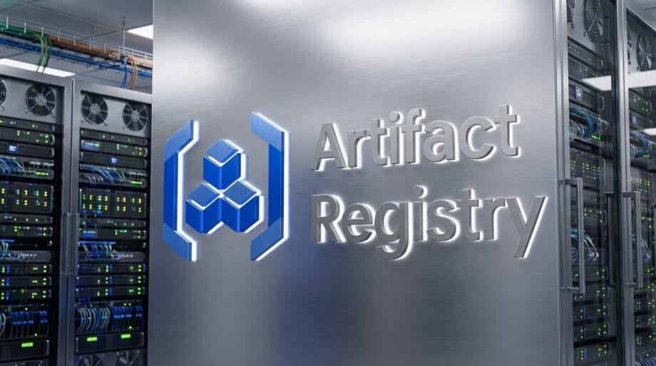 A metallic server rack labeled Artifact Registry with a blue logo, surrounded by other server racks and data center equipment.