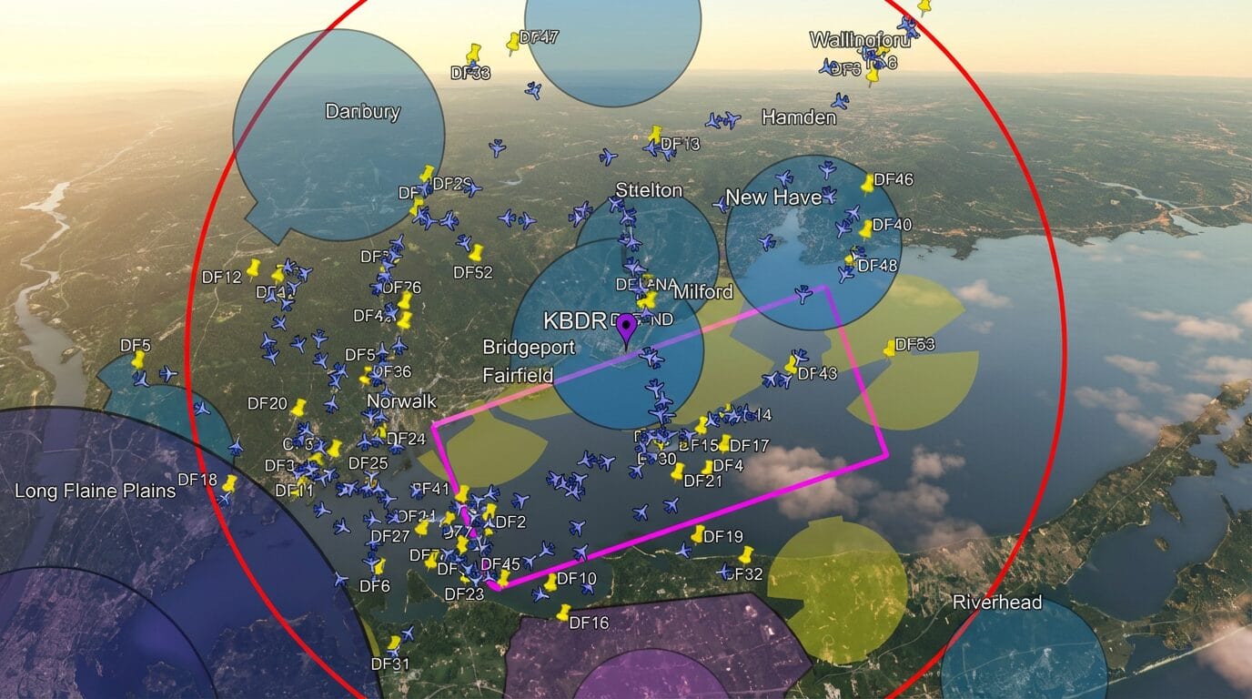 Aerial map showing flight paths, aircraft icons, airspace zones, and labeled locations in the area around Bridgeport and New Haven, Connecticut.