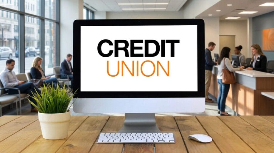 A computer screen on a wooden desk displays CREDIT UNION in an office with people waiting and being assisted at counters.
