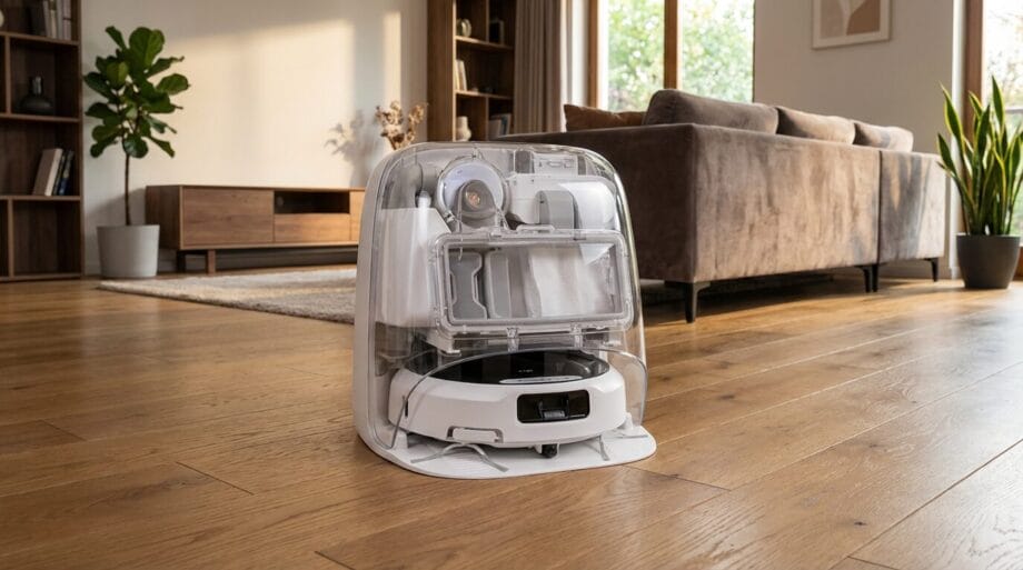 A robotic vacuum cleaner sits in its charging dock on a wooden floor in a modern living room with a sofa and plants.