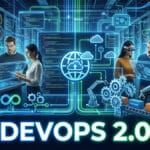 A group of people in a server room use digital screens and VR headsets, surrounded by DevOps and automation icons, with DevOps 2.0 text.