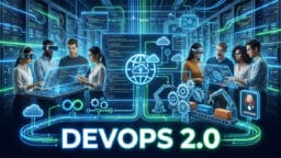 A group of people in a server room use digital screens and VR headsets, surrounded by DevOps and automation icons, with DevOps 2.0 text.