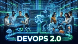 A group of people in a server room use digital screens and VR headsets, surrounded by DevOps and automation icons, with DevOps 2.0 text.