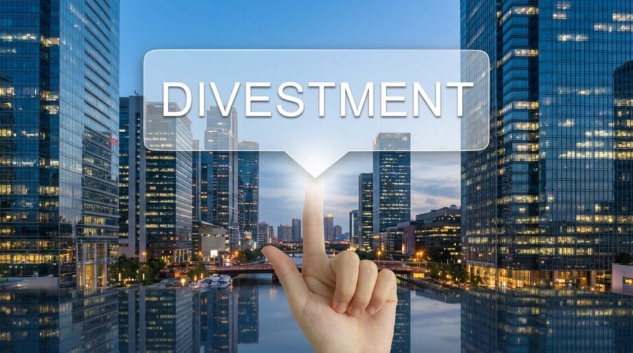 A hand points to a transparent DIVESTMENT graphic overlayed on a cityscape with tall modern buildings and water reflection.