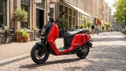 A red and black scooter on a brick street.
