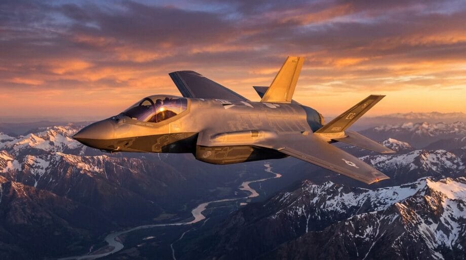 A fighter jet flies above snow-capped mountains and a winding river at sunset under a partly cloudy sky.