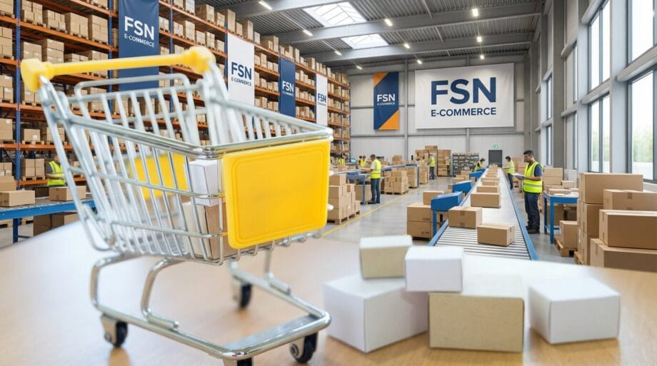 Warehouse with FSN E-Commerce banners, workers packing boxes, and a shopping cart in the foreground.