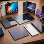 A variety of foldable smartphones in different colors and designs displayed on a wooden table.