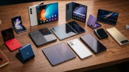 A variety of foldable smartphones in different colors and designs displayed on a wooden table.