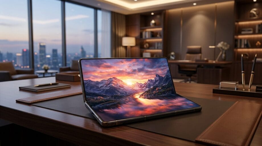 A foldable laptop displaying a mountain sunset screensaver sits on a modern office desk with cityscape windows in the background.