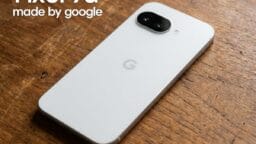 A white Google Pixel 9a smartphone lies face down on a wooden surface with text Pixel 9a made by google in the top left corner.