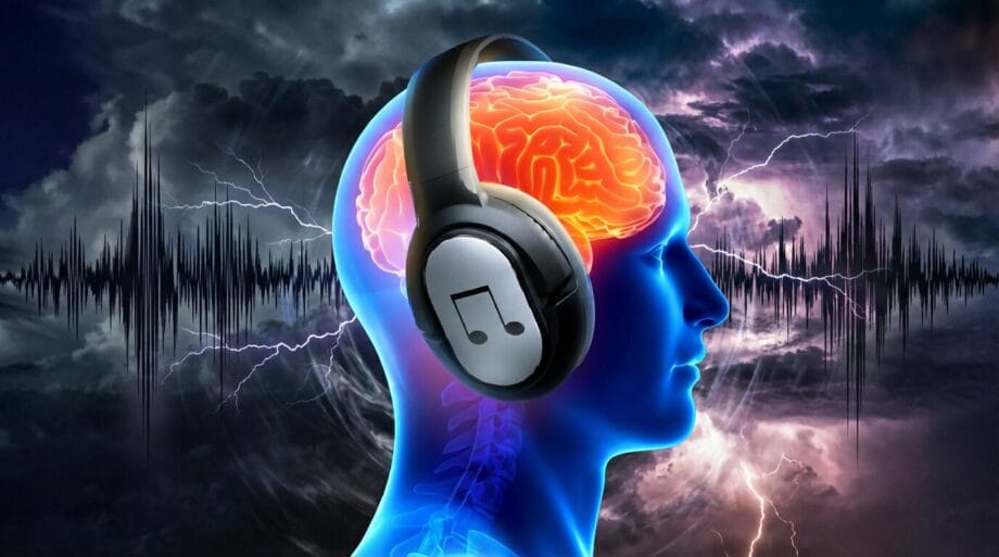 Illustration of a human head with a visible brain wearing headphones, sound waves and stormy sky in the background.