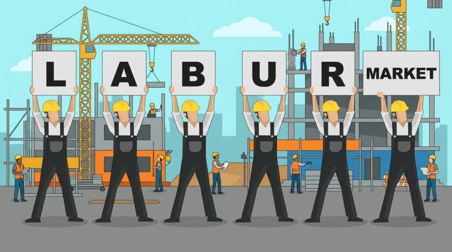 Five construction workers in hard hats hold signs spelling LABOUR MARKET at a building site with cranes and other workers in the background.