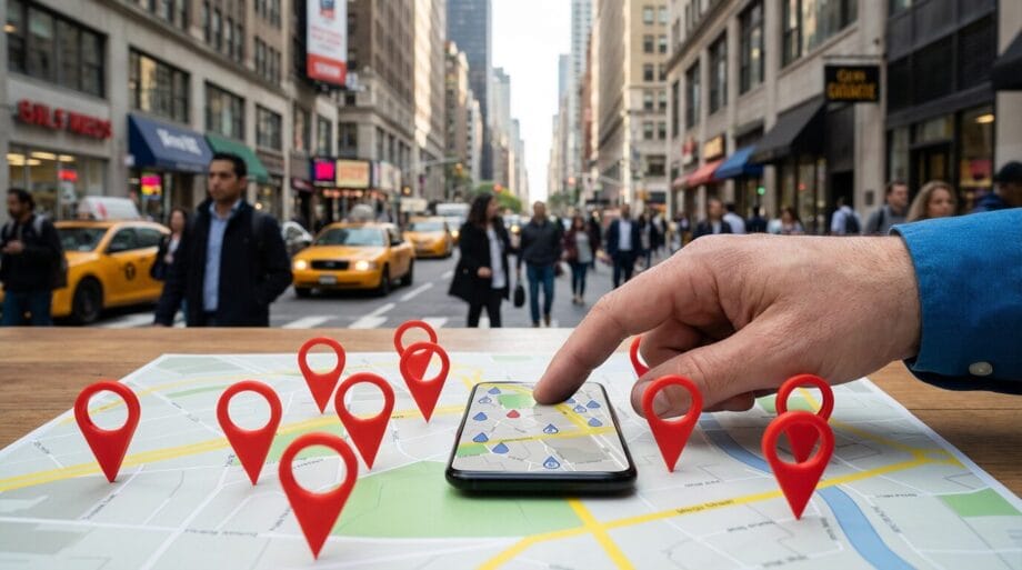 A hand points to a smartphone displaying a map, surrounded by location markers, with a busy city street and yellow taxis in the background.