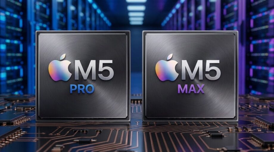 Two Apple M5 chips labeled Pro and Max sit on a circuit board, with server racks visible in the blurred background.