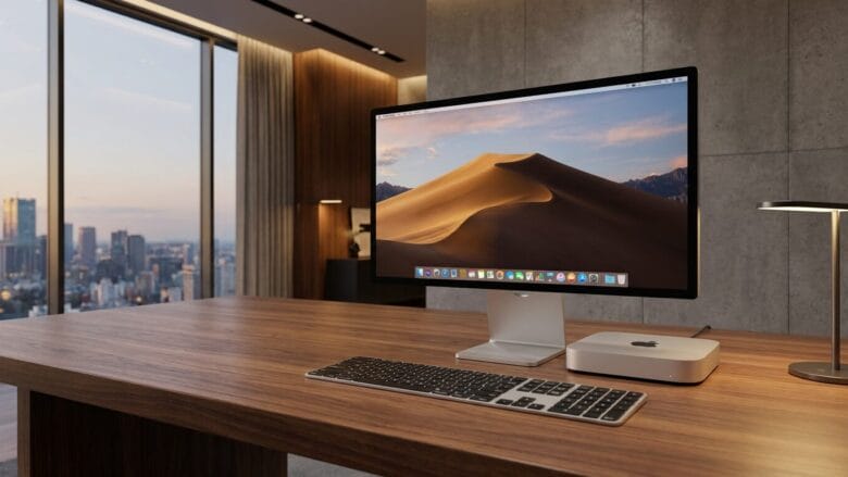 A modern desk with a monitor displaying a desert scene, keyboard, mouse, and a Mac Mini, set in an office with city views.