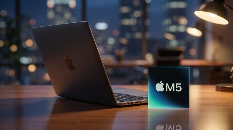 A MacBook sits on a wooden desk beside a glowing Apple M5 chip, with city lights visible through a window in the background.
