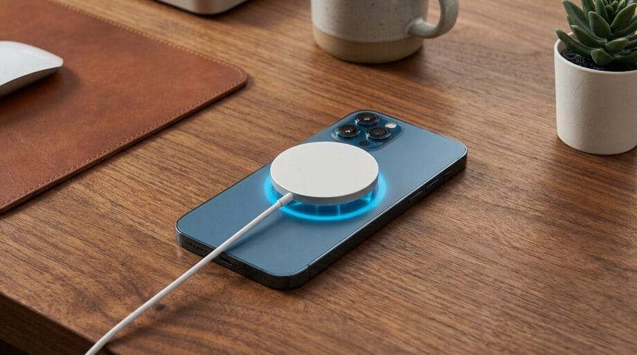 A smartphone is charging on a wooden desk with a round wireless charger attached to its back.