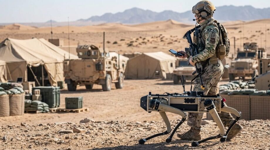 A man in military uniform holding a device in front of a desert landscape.
