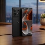 A black Motorola smartphone stands on a wooden desk, with a modern office and city skyline visible through the windows in the background.