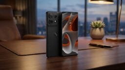 A black Motorola smartphone stands on a wooden desk, with a modern office and city skyline visible through the windows in the background.