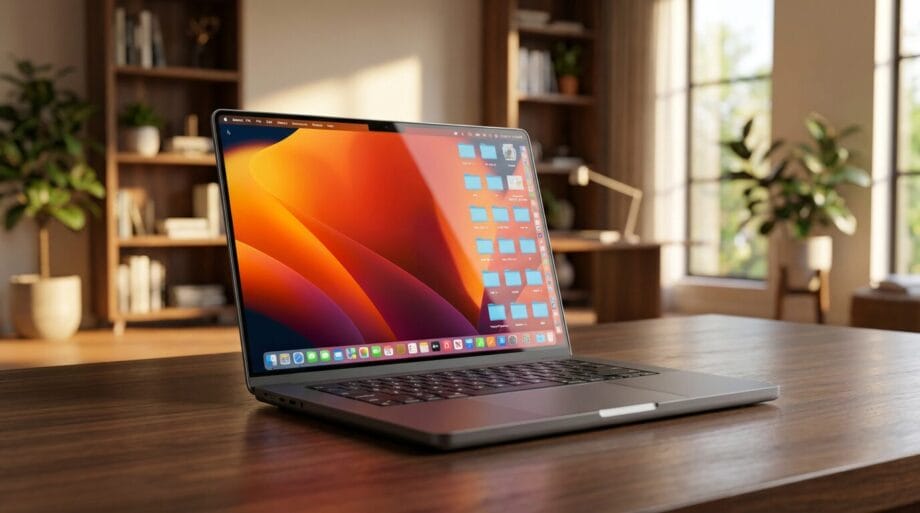 A laptop with a colorful desktop screen sits on a wooden table in a bright, modern home office with shelves and plants in the background.