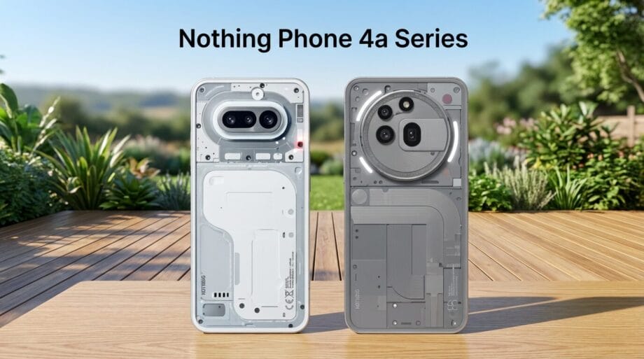 Two Nothing Phone 4a Series smartphones with transparent backs are displayed on a wooden surface outdoors, showing internal components.