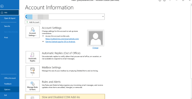 Screenshot of Outlook Account Information page displaying account settings, automatic replies, mailbox settings, and rules and alerts options.