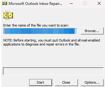 Microsoft Outlook Inbox Repair Tool window prompting user to enter a file name to scan, with Start, Close, and Options buttons visible.