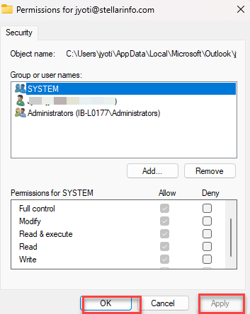 Permissions window showing options for SYSTEM; the OK button is highlighted, and the Apply button is grayed out.