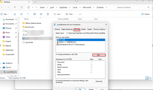 A file properties window shows security permissions for SYSTEM and Administrators, with the Edit button highlighted.