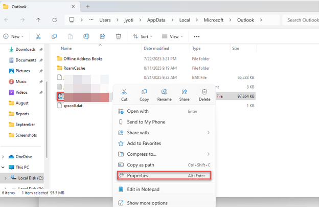 A file named spccol.dat is selected in File Explorer, with the right-click context menu open and Properties highlighted.