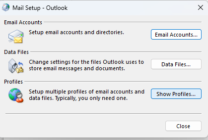 Mail Setup - Outlook window showing options for email accounts, data files, and profiles with corresponding action buttons.