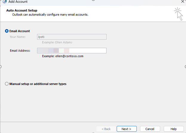 Outlook Add Account setup screen showing fields for name and email address, with options for automatic or manual configuration.